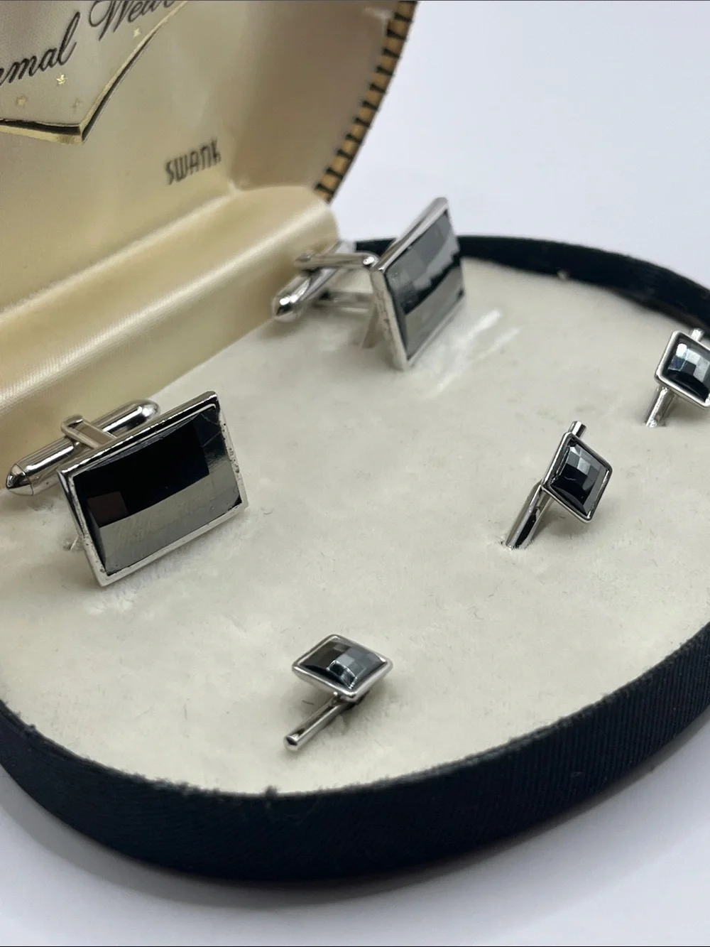 SWANK Black and Silver Rectangular Cufflinks with Matching Studs